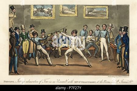 English dandies in side-buttoned fencing jackets, gloves and masks at a fencing school, 1820. Jerry's admiration of Tom in an Assault with Mr. O'Shaunessy at the Rooms in St. James's Street. Handcoloured copperplate engraving by Isaac Robert Cruikshank and George Cruikshank from Pierce Egan's Life in London, Sherwood, Jones, London, 1823. Stock Photo