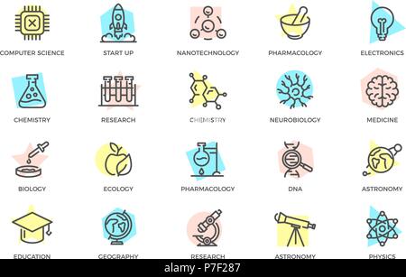 Set of vector science and research colored line icons with titles. Chip, rocket, atom, ion, lamp, tube, bulb, neuron, brain, dna, molecule, lab, space, microscope, telescope and more. Stock Vector