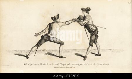 Gentleman fencer disarming his opponent on the Carte or Second Thrust, after parrying with the Prime Parade. Copperplate engraving by after an illustration by Thomas Rowlandson from Mr. Domenico Angelo's The School of Fencing, London, 1787. Stock Photo