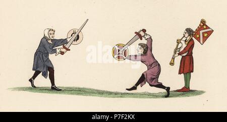 Sword fighting to music for prizes, 13th century. Performers with swords and shields in a show duel accompanied by bagpipe music. Handcoloured lithograph by Joseph Strutt from his own Sports and Pastimes of the People of England, Chatto and Windus, London, 1876. Stock Photo