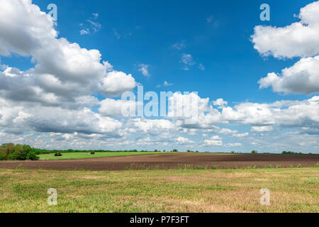 White, puffy clouds moving over remote dirt road and flat lands in the Great Plains, Oklahoma. Stock Photo