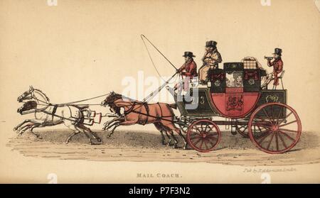 Mail coach with four horses, coachman and armed guards in the king's ...