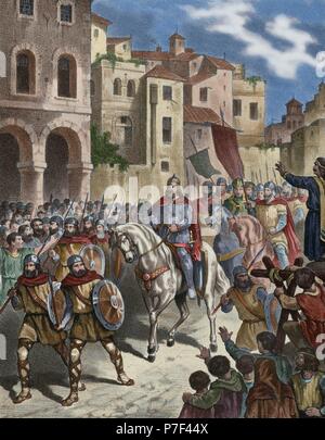 Berenguer Ramon II the Fratricide (c.1053-c.1099). Count of Barcelona. Ramon Berenguer II taking the city of Tarragona, Catalonia. Engraving in Spain Illustrated History, 19th century. Colored. Stock Photo