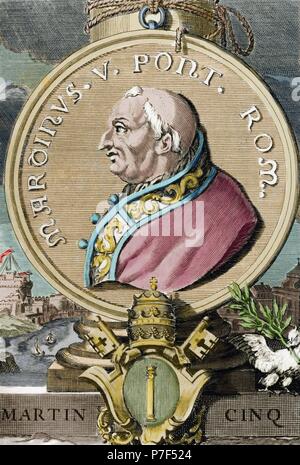 Pope Martin V (1369-1431). Born Otto Colonna. Pope from 1417-1431. Portrait. Engraving. Colored. Stock Photo