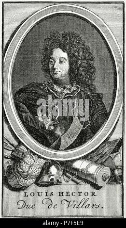 Claude Louis Hector de Villars (1653-1734). Marshal General of France. Engraving, anonymous. Universal History, 1883. Stock Photo