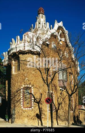 Spain. Barcelona. Park Guell. By Antonio Gaudi, 1900-1914. Pavilion at the entrance, Porter's residence. Exterior. Catalan modernism. Stock Photo