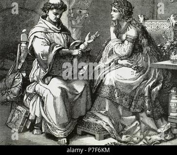 Middle Ages. Monk reading a book of the Roman poet Ovid to a lady. Engraving. 19th century. Stock Photo