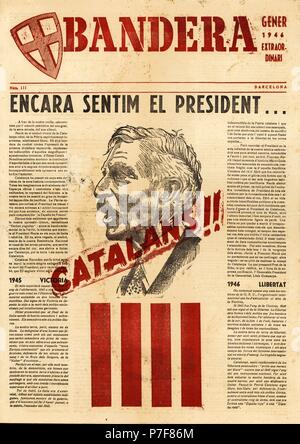 Portada de la revista clandestina Bandera, número extraordinario dedicado al presidente de la Generalitat de Catalunya Francesc Macià Llussà, editada en Barcelona, enero de 1946. Stock Photo
