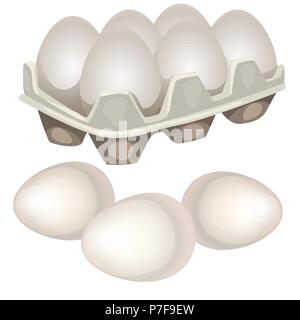 Chicken eggs in a cardboard box isolated on white background. Vector cartoon close-up illustration. Stock Vector