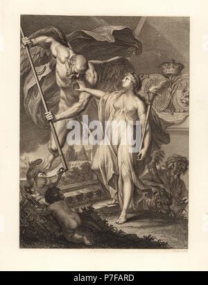 Allegorical picture of Britannia with torch holding back Father Time with scythe, while Plouton with cornucopia rests on a lion. Copperplate engraving by Francesco Bartolozzi after a design by Giovanni Battista Cipriani from 108 Plates of Antique Gems, 1860. Stock Photo