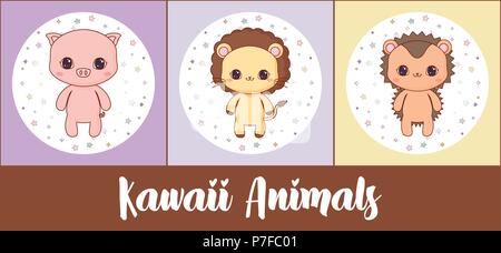 icon set of kawaii animals over colorful squares, vector illustration Stock Vector