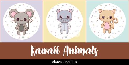 icon set of kawaii animals over colorful squares, vector illustration Stock Vector