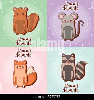 icon set of kawaii animals over colorful squares, vector illustration Stock Vector