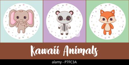 icon set of kawaii animals over colorful squares, vector illustration Stock Vector