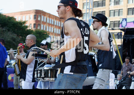Montreal, Canada. 7/4/2018. Hip Hop brass band Urban Science Brass Band perform at the Montreal International Jazz Festival. Stock Photo