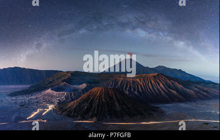 Mount Bromo volcanic at night with starry sky and milky way in Indonesia Stock Photo