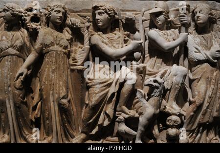 Roman art. Sarcophagus panel depicting Athena, Muses and Apollo. Detail. 3rd century AD. Marble. The State Hermitage Museum. Saint Petersburg. Russia. Stock Photo