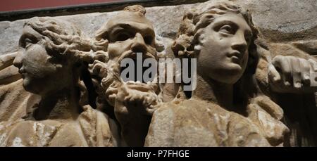 Roman art. Sarcophagus panel depicting Athena, Muses and Apollo. Detail. 3rd century AD. Marble. The State Hermitage Museum. Saint Petersburg. Russia. Stock Photo