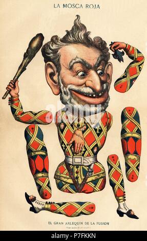 Ilustración satírico política publicada en La Mosca Roja, septiembre de 1883. Práxedes Mateo Sagasta (1825-1903), presidente del Gobierno caricaturizado como un arlequin desmontable. Stock Photo