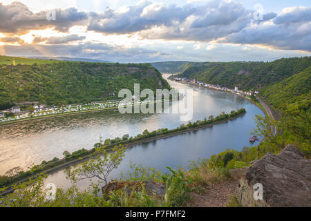 Rhine valley Landscape and Sankt Goarshausen view from the Loreley rock Travel Germany Stock Photo