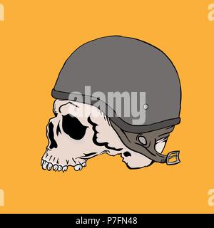 Hand drawn biker skull on a vintage yellow background , vector illustration Stock Vector