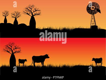 three cows in the sunset and outback wind mill silhouette Stock Vector