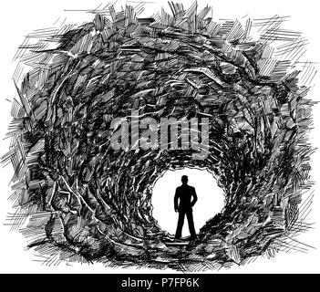 Vector Artistic Drawing Illustration of Cave Tunnel in Rock, Silhouette of Businessman in light. Stock Vector