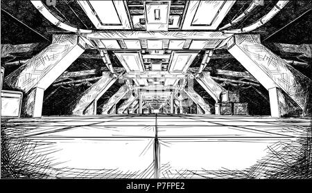 Concept Art Cartoon Drawing of Abstract Sci Fi Futuristic Space Ship Corridor Design. Stock Vector