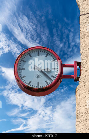 Old station clock on the premises of the Bavarian Railway Museum Nördlingen, Nördlingen, Bavaria, Germany Stock Photo