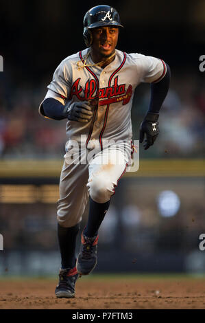 Milwaukee, WI, USA. 5th July, 2018. Atlanta Braves second baseman Ozzie Albies #1 races toward third base during the Major League Baseball game between the Milwaukee Brewers and the Atlanta Braves at Miller Park in Milwaukee, WI. John Fisher/CSM/Alamy Live News Stock Photo