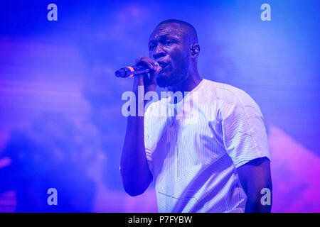Roskilde, Denmark. 6th July, 2018.The English grime rapper Stormzy performs a live concert at the Danish music festival Roskilde Festival 2018. (Photo credit: Gonzales Photo - Thomas Rasmussen). Credit: Gonzales Photo/Alamy Live News Stock Photo