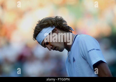 London, UK. 05th July, 2018. London, England - July 5, 2018. Wimbledon Tennis: Germany's Alexander Zverev, of Germany, the Number 4 seed, during his second round match against American, Taylor Fritz at Wimbledon today. Credit: Adam Stoltman/Alamy Live News Stock Photo