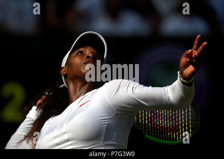 London, UK. 06th July, 2018. London, England - July 6, 2018. Wimbledon Tennis: Serena Williams serving to Kristina Mladenovic of France during their match at Wimbledon today Credit: Adam Stoltman/Alamy Live News Stock Photo