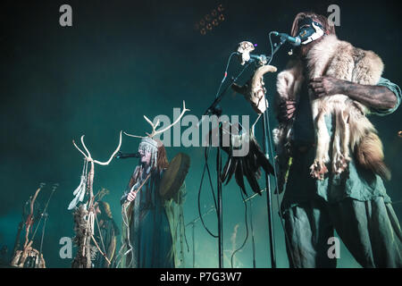 Roskilde, Denmark. 6th July 2018. The International alternative metal band Heilung performs a live concert at during the Danish music festival Roskilde Festival 2018. (Photo credit: Gonzales Photo - Peter Troest). Credit: Gonzales Photo/Alamy Live News Stock Photo