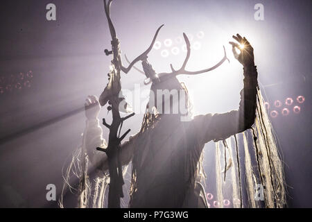 Roskilde, Denmark. 6th July 2018. The International alternative metal band Heilung performs a live concert at during the Danish music festival Roskilde Festival 2018. (Photo credit: Gonzales Photo - Peter Troest). Credit: Gonzales Photo/Alamy Live News Stock Photo