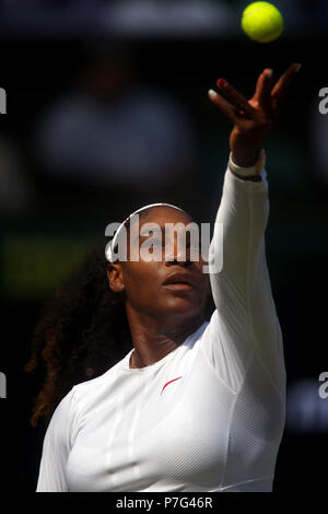 London, UK. 06th July, 2018. London, England - July 6, 2018. Wimbledon Tennis: Serena Williams serving to Kristina Mladenovic of France during their match at Wimbledon today Credit: Adam Stoltman/Alamy Live News Stock Photo