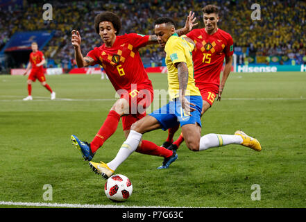 Kazan, Russia. 6th July 2018. Axel Witsel of Belgium and Neymar of Brazil during the 2018 FIFA World Cup Quarter Final match between Brazil and Belgium at Kazan Arena on July 6th 2018 in Kazan, Russia. Credit: PHC Images/Alamy Live News Stock Photo