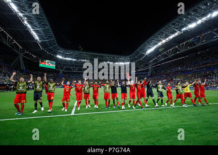 Kazan, Russia. 6th July 2018. Belgium celebrate after the 2018 FIFA World Cup Quarter Final match between Brazil and Belgium at Kazan Arena on July 6th 2018 in Kazan, Russia. Credit: PHC Images/Alamy Live News Stock Photo
