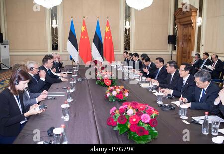 (180706) -- SOFIA, July 6, 2018 (Xinhua) -- Chinese Premier Li Keqiang meets with his Estonian counterpart Juri Ratas in Sofia, Bulgaria, July 6, 2018.  (Xinhua/Li Tao)(mcg) Stock Photo