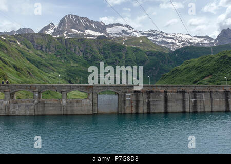 Dam at the lake of Morasco, located in Piedmonte, Italy at 1815m above the sea level. Stock Photo