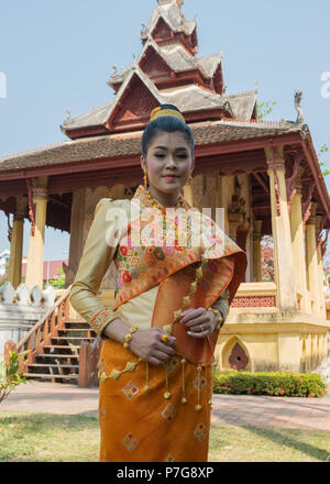 Bride  posing in front of Wat Si Saket, Vientiane, Laos, Asia. Stock Photo