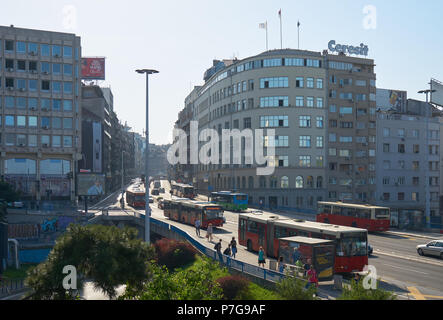 Belgrade, Serbia - May 03, 2018: Morning view on Brankova street. People wait for the arriving buses at the bus stop or walk by. Stock Photo