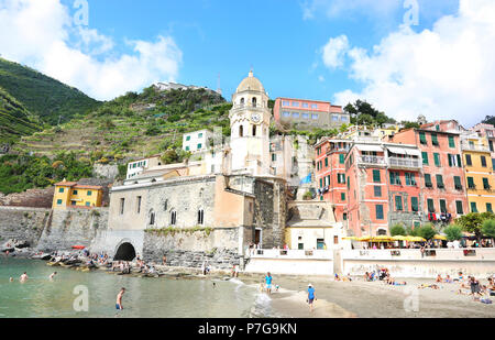 landscape of Vernazza village and the Santa Margherita di Antiochia Church - Cinque Terre Italy Stock Photo