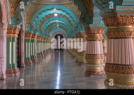 Mysuru, India - March 2, 2018: Columns in the audience hallway inside the Royal Palace, also called the Ambavilas Palace Stock Photo