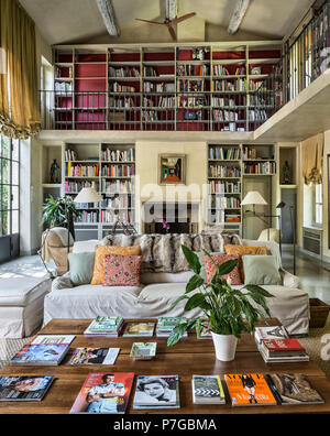 Modernised double height mezzanine library in 18th century chateaux, St Remy de Provence Stock Photo