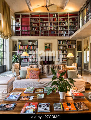 Modernised double height mezzanine library in 18th century chateaux, St Remy de Provence Stock Photo