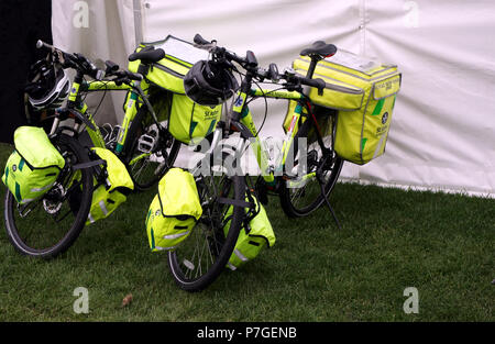 Guildford, England - May 28 2018: Two paramedic bicycles belonging to the St John Ambulance movement, a voluntary first aid medical organisation Stock Photo