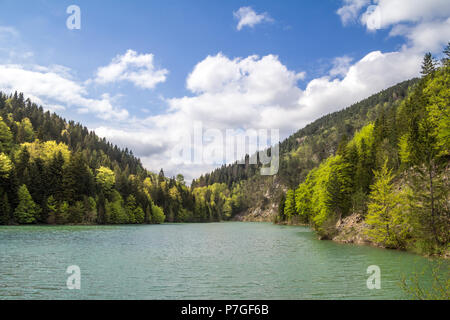 Zaovine lake in Serbia, during a sunny afternoon with a blue water and a green forest made of pine trees. It is part of the Tara mountain and national Stock Photo