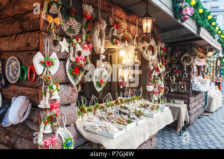 Traditional handmade souvenirs in Christmas market of Bucharest city, Romania Stock Photo