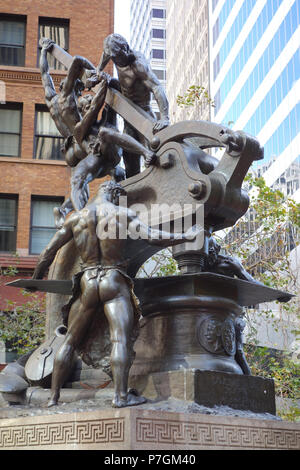 English: Mechanics Monument by Douglas Tilden (1860-1935), located at the intersection of Market, Bush and Battery Streets in San Francisco, California, United States. Dedicated on May 15, 1901. It was was originally to be called the Donahue Memorial Fountain, as it was funded by businessman James Mervyn Donahue. This artwork is in the  because the artist died more than 70 years ago. 28 June 2014, 13:07:27 265 Mechanics Monument by Douglas Tilden - San Francisco, CA - DSC03542 Stock Photo